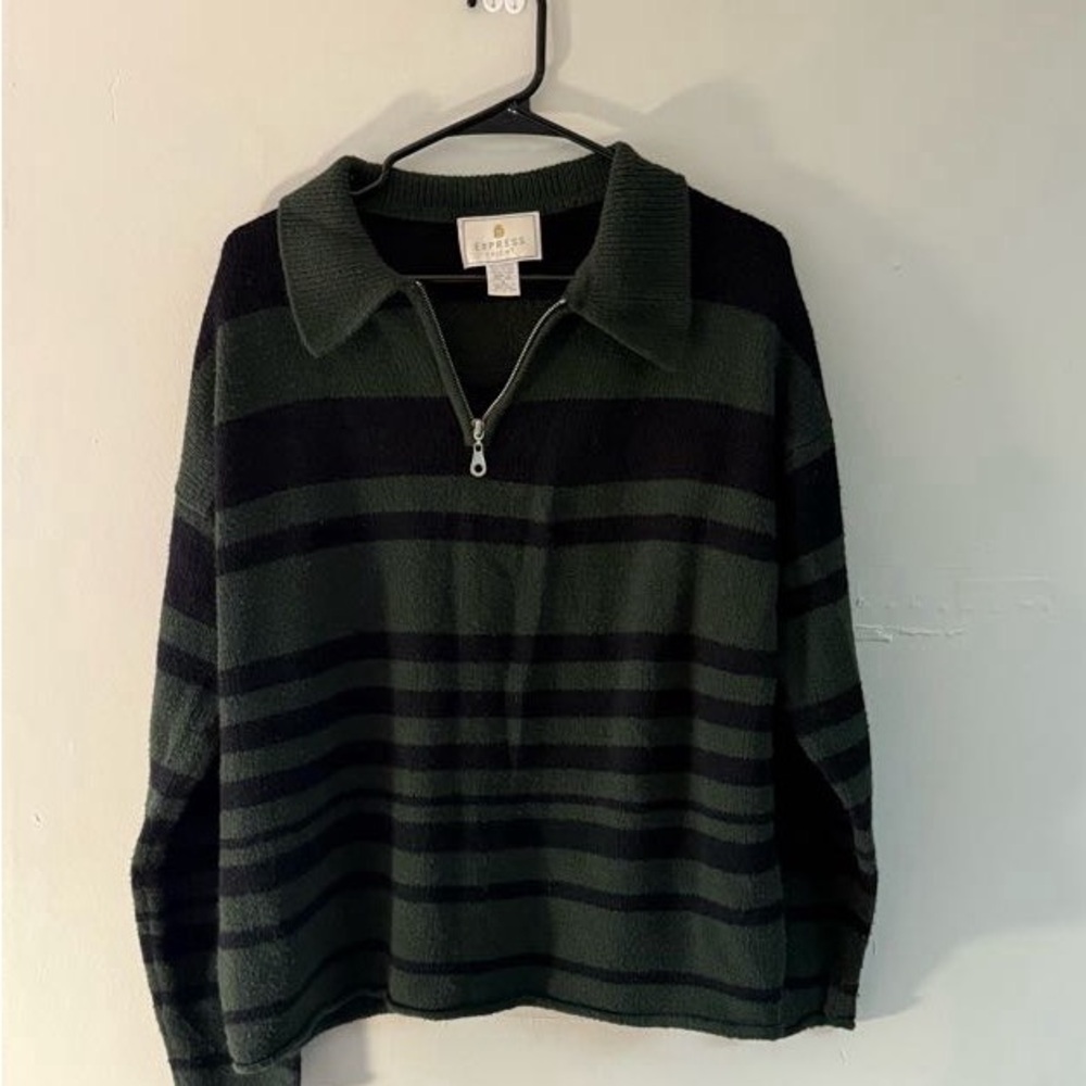 Express Green and Black Zip Up Sweater with Collared Design